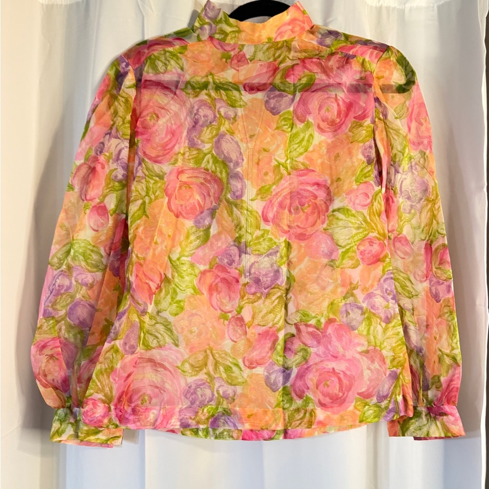 Sheer Floral Zip Front Blouse | Y2K Romantic Top | 3/4 Sleeve - Picture 7 of 8